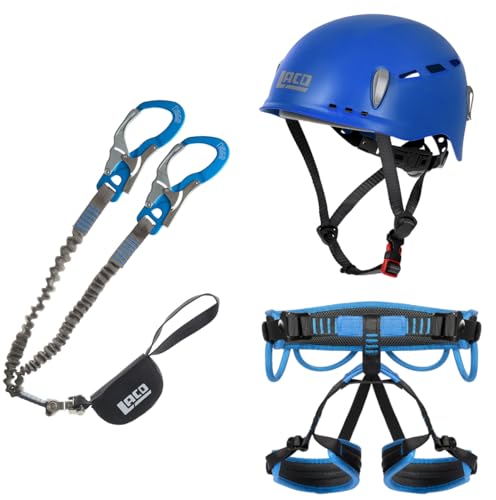 LACD Klettersteigset Ultimate Ferrata S mit mit Swivel (Drehwirbel) + Helm Protector 2.0 blue + Klettergurt Start 2.0 (Größe M (Taille 80 – 120 cm, Bein 50 – 70 cm))