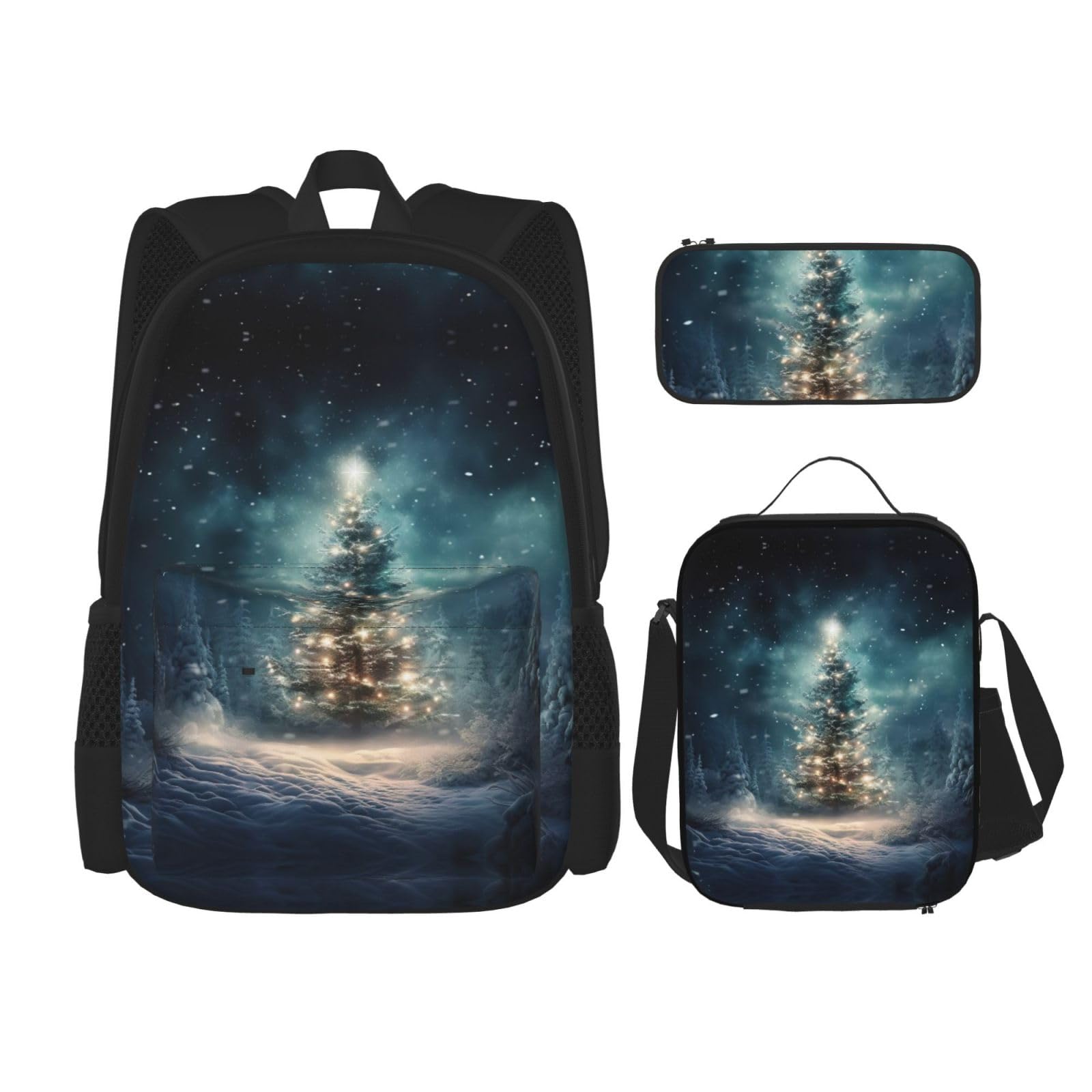 YQxwJL 3-in-1-Rucksack-Büchertaschen-Set, Halloween, niedlicher Kürbisdruck, lässiger Reiserucksack, mit Federmäppchen, Lunchtasche, Weihnachtsbaum Snow1, Einheitsgröße