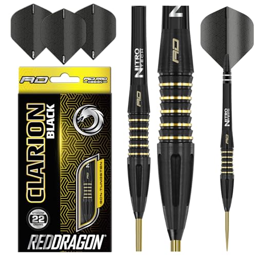 RED DRAGON Clarion Black 22g Tungsten Darts Set with Flights and Stems