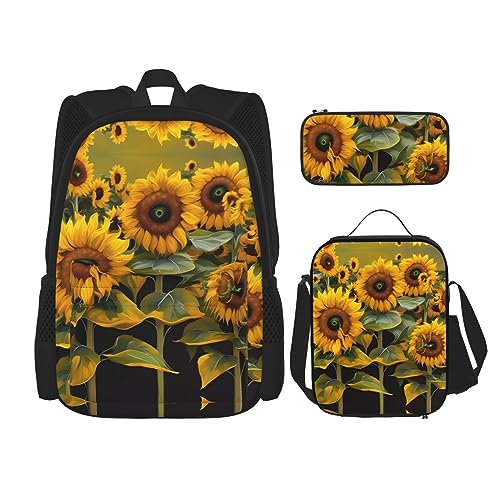 WURTON Lunchbox mit Sonnenblumen-Druck, Federmäppchen, Rucksack-Set, 3-teilig, verstellbare Riemen, langlebig, leicht, Schwarz, One Size