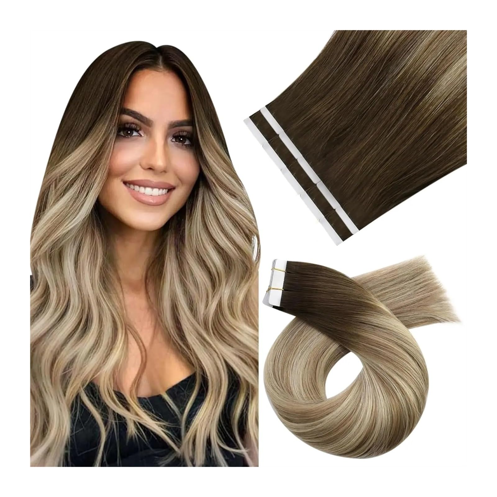 Haar-Tape-Extensions Tape-in-Haarverlängerungen, Echthaar, selbstklebende Haarverlängerungen, dunkle Wurzeln, Balayage-Farbe, 3 8 22 Blond, doppelseitiges Klebeband Unsichtbares Tape im Haar(10 pcs 25