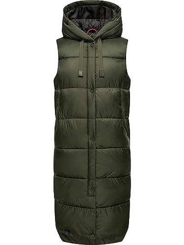 MARIKOO Damen Winterjacke warme Steppweste lang mit Kapuze Sayorii Dark Olive Gr. M