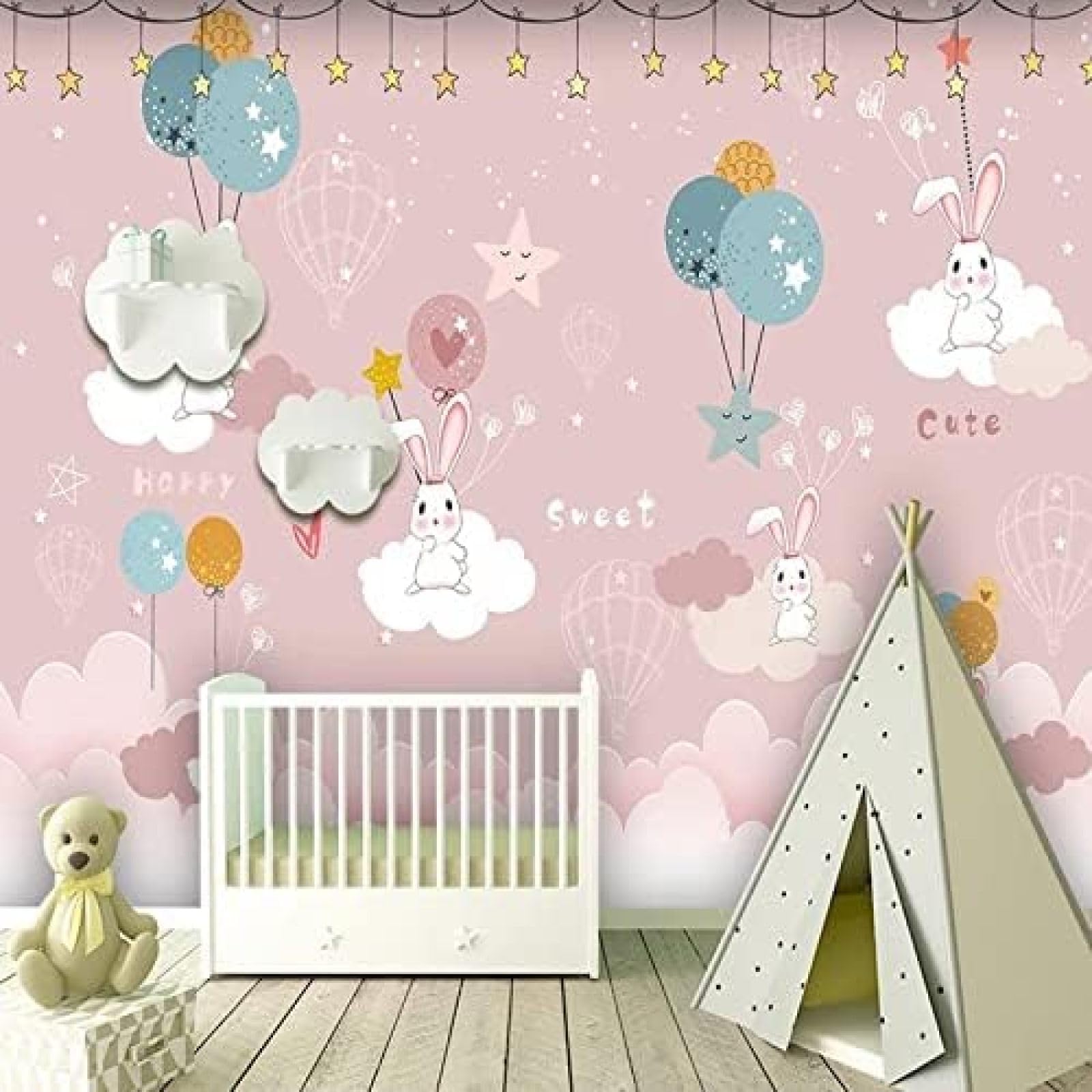 XLMING Cartoon Kaninchen Stern Ballon Rosa Kinder 3D Tapete Wohnzimmer Sofa Schlafzimmer Esszimmer Home Dekoration Wand-150cm×105cm