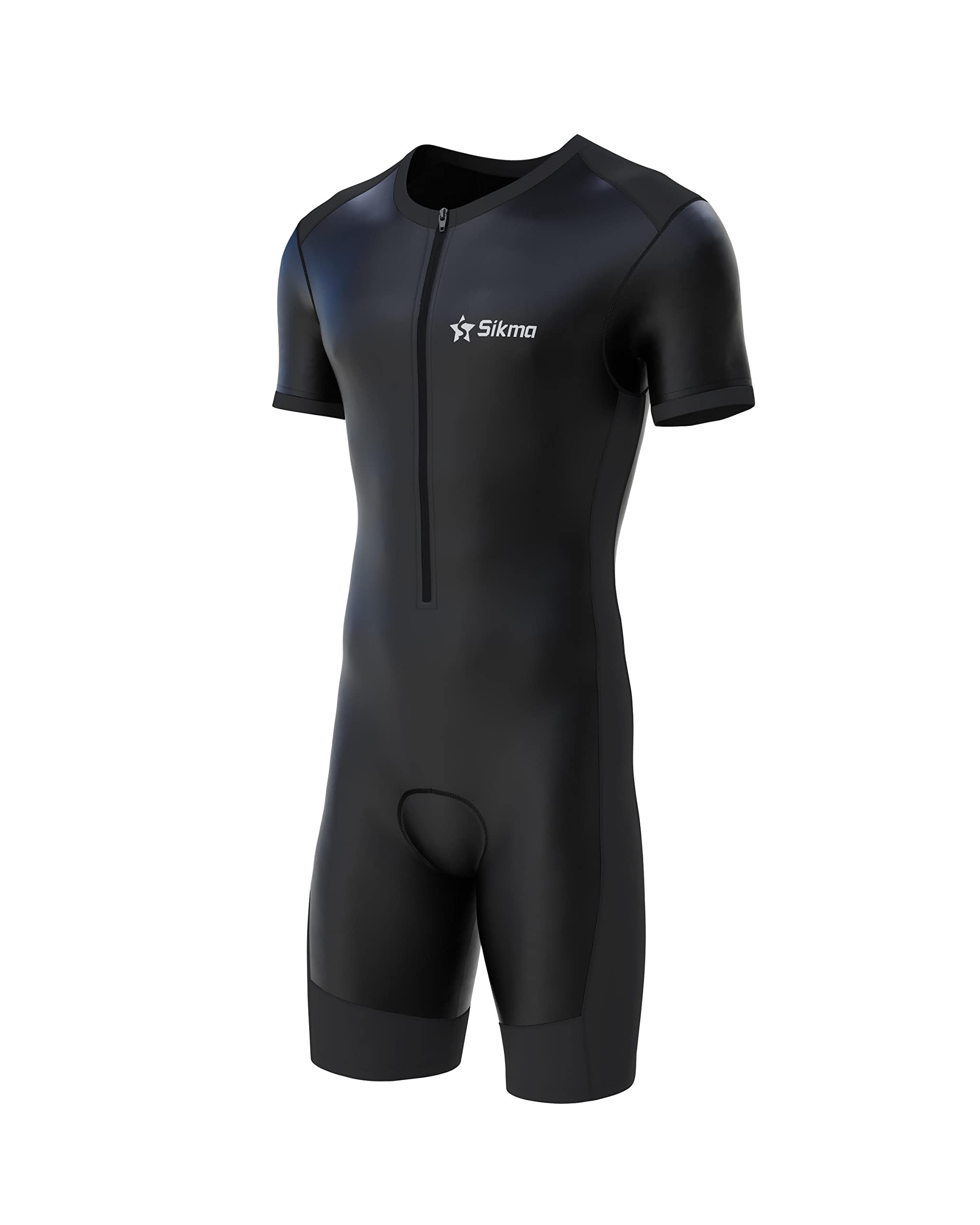 Sikma Herren Radsport-Skinsuit, gepolstert, einteilig, Trisuit, Bike-Top, kurz, Schwarz , L