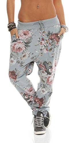 Mississhop 130 Damen Hose Blumen Sweatpants Jogginghose Baumwolle Freizeithose Boyfriend Sporthose Blumenprint Hellgrau