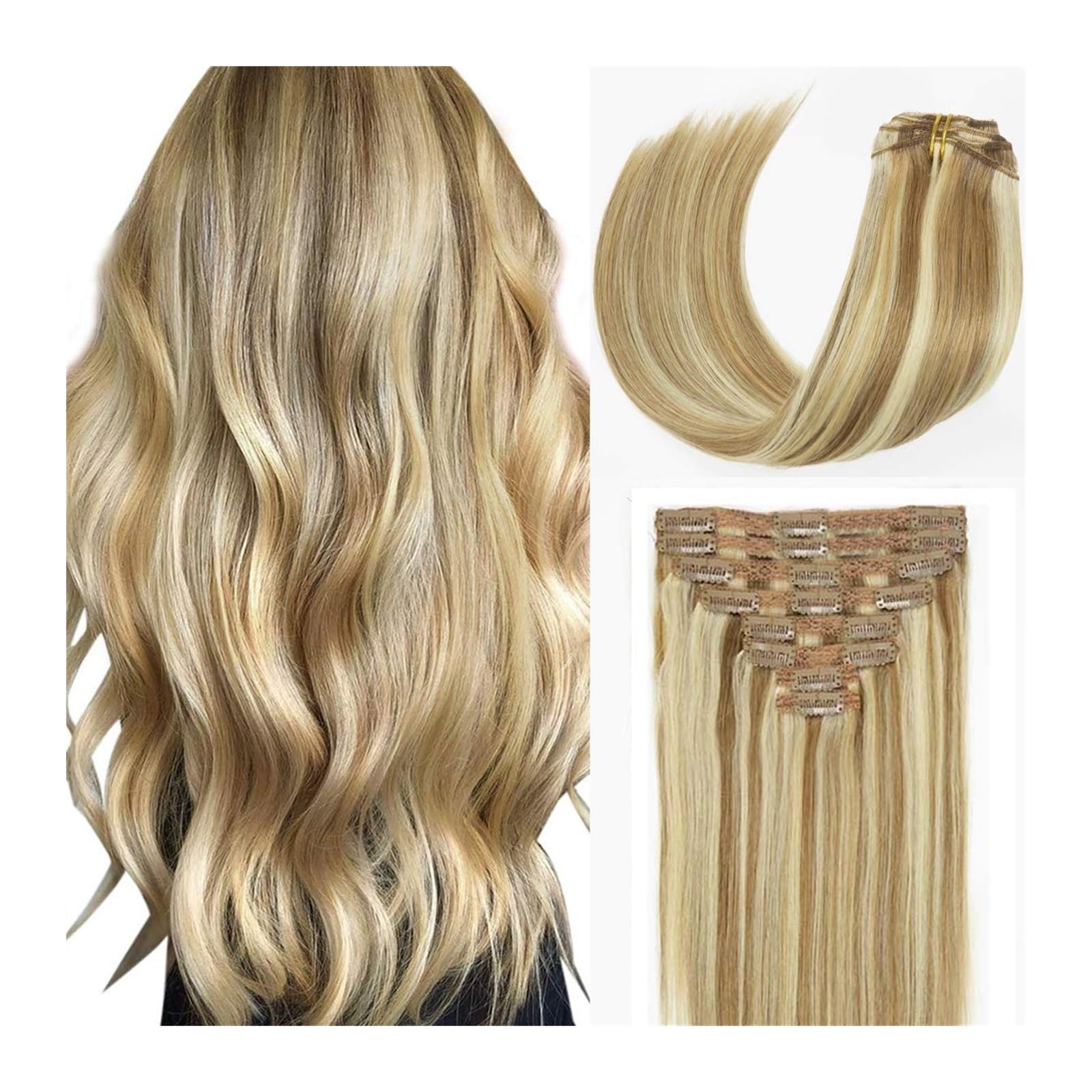 Clip-in-Haarverlängerungen 120G Echthaar-Extensions for Anklippen, Echthaar, natürlich, seidig, glatt, Balayage, Clip-in-Haarverlängerungen, Goldbraun, P8/613, gemischtes Bleichblond Clip-in-Haarverlä