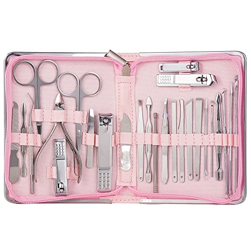 SCRUBY Professionelles Nagelwerkzeug-Set, Stahl, Nagelknipser, Pediküre-Set, multifunktional, tragbar, Maniküre, Schneider, Nagel-Set (26 Stück, Rosa)