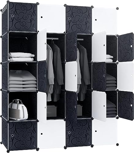 HENGMEI Kleiderschrank, 20 Würfelregal PP-Kunststoff Kleiderständer Portable Garderobe mit 2 Kleiderstange für Kleidung, Bücher, Spielzeug 145 x 178 x 37cm