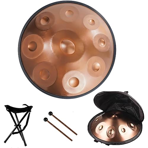 Handpan-Trommelinstrument in d-Moll, 9/10/12 Töne, 440Hz Handtrommel mit weicher Handpan-Tasche, 2 Handpfannenhämmer, Handpan-Ständer, Staubfreies Tuch,Gold,9 Notes