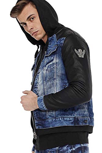 Cipo & Baxx Herren Jeansjacke Sweatkapuze Kunstleder Bikerjacke Freizeitjacke CJ235 Blau XL