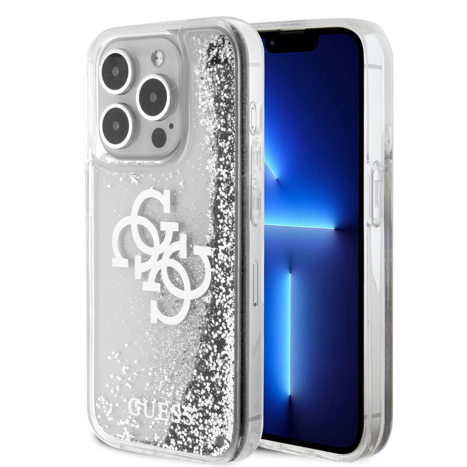 CG Mobile Guess Liquid Glitter Hülle mit 4G Galvanisiertes Logo für iPhone 15 Pro -Silber