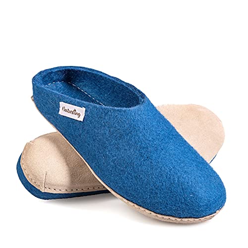 Filz Hausschuhe - Herren Hüttenschuhe mit Ledersohle - Slipper 100% Wolle handgemacht (Marineblau, 46 EU, numeric_46)