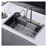 Küchenspüle,Neue Edelstahl Wasserfall Spüle,Bar Spüle, 304 Edelstahl Spüle, mit Cup Washer Spülen, Drop-In oder Unterbau Installation (Color : Black-Grey, S : 80x45x20cm)