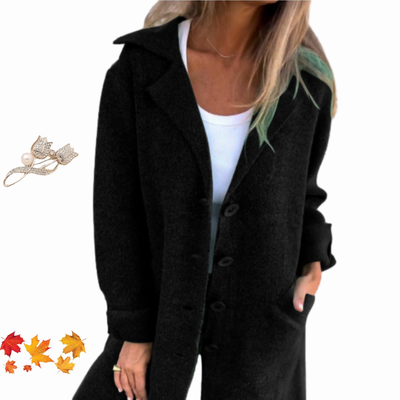 WINDEHAO Lässiger Revers Einreiher Langer Mantel 2024 Damen Vintage Revers Kragen Mantel Mid-Long Casual Pea Coat Trenchcoats für Frauen