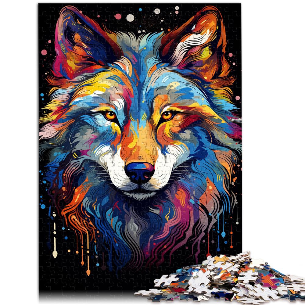 Puzzlespiel, farbenfrohes psychedelisches Wolfsgemälde, 1000 Teile, Puzzlegeschenke, Holzpuzzle, Lernpuzzlespiel zum Geburtstag, (50 x 75 cm)