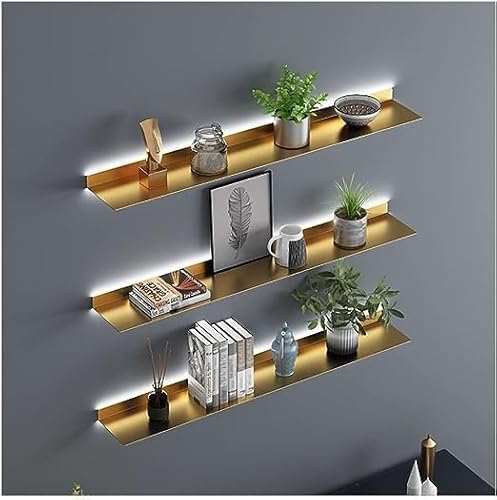 Schwebende Wandregale mit LED, wandmontiertes Wandregal mit Stahlplattenseiten, Metall-Ausstellungsregale für die gewerbliche Bar im Home Office, Gold, 80 x 20 x 6 cm