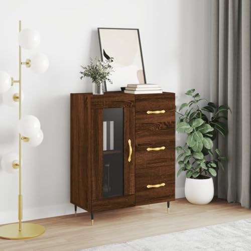 CCCINER Sideboard Braun Eichen-Optik 69,5x34x90 cm Holzwerkstoff,Eichenfarbene Kommode mit Vitrine und viel Stauraum für Wohnzimmer und Esszimmer