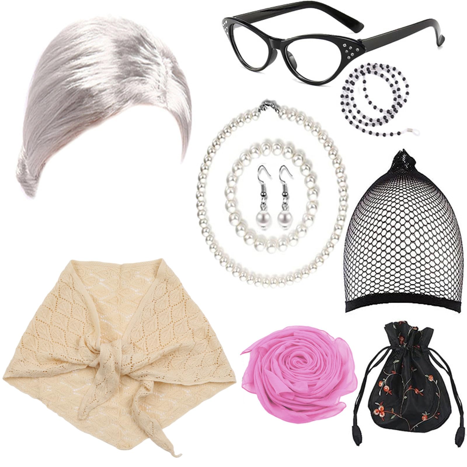 Oxxggkao Kostüm Set Perücken Künstliche Ohrring Brille Frauen Pretend Dress Up Zubehör