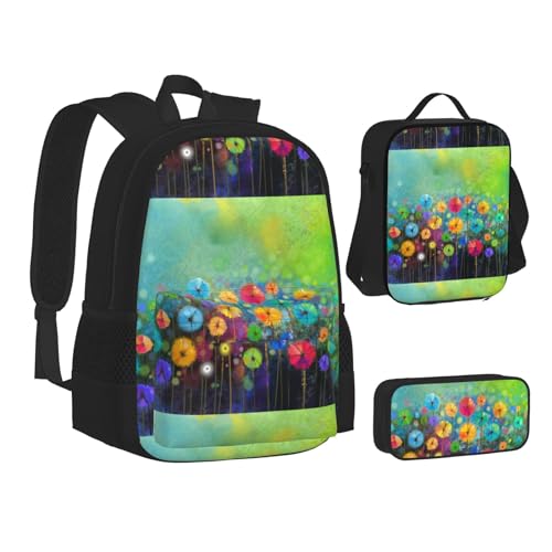 WURTON Rucksack, Lunchbox-Set, abstrakter Stil, buntes Blumenmuster, 3-in-1-Rucksack und Federmäppchen, passende Kombination, Schwarz, Einheitsgröße