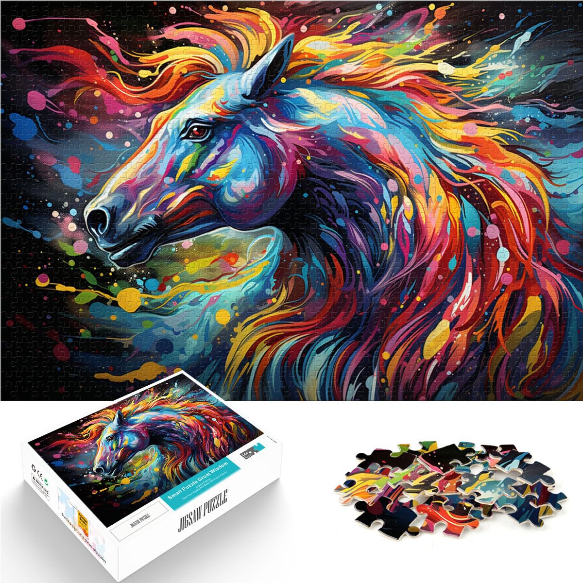 Puzzle als Geschenk, psychedelisches farbiges Pferd für Erwachsene, 1000-teiliges Puzzle-Geschenk, Holzpuzzle mit passendem Poster und Wissensblatt, 1000 Teile (50 x 75 cm)