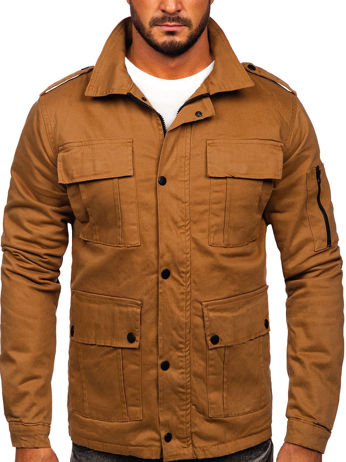 BOLF Herren Übergangsjacke Militär Jacke Fracht Jacke Feldjacke Windbreaker Herbstjacke Baumwolle Jacke Stehkragen Cargo Taschen Military Style 10290 Camel L [4D4]