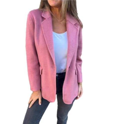 WINDEHAO Damen Revers Langarm Freizeitjacke 2024 Herbst Casual Tweed Jacken für Frauen Revers Knopf Falsche Tasche Blazer (Gelb, 5XL)