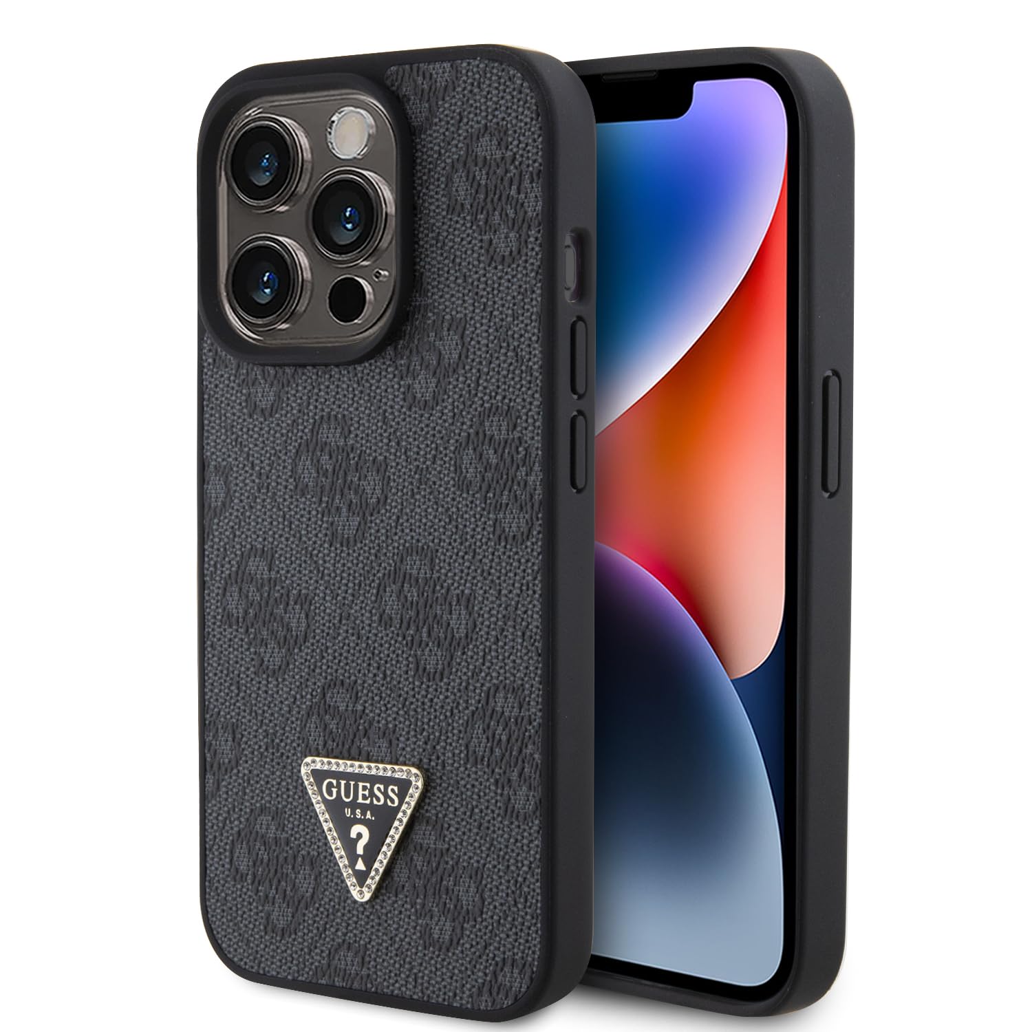 CG MOBILE Guess Schutzhülle für iPhone 15 Pro, PU-Leder, mit dreieckigem Strass- und Dreiecks-Logo, Schwarz