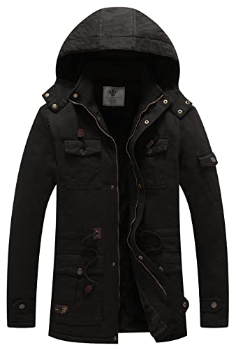 WenVen Herren Winter Outdoor Jacke Parka Verdickte Kapuze Warmer Mantel Winddichte Mittellange Jacke Klassische Militärjacken Schwarz XL