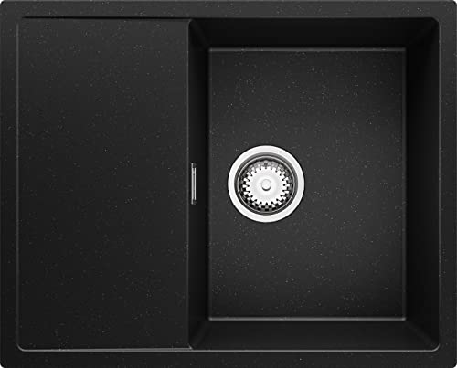 Spülbecken Schwarz Metallic 62x50 cm, Granitspüle + Ablauf-Set, Küchenspüle für 45er Unterschrank in 5 Farben, Einbauspüle von Primagran