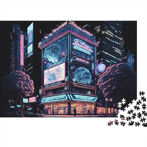 Tokio, Japan, Neon-Holzpuzzle für Erwachsene und Teenager, 1000 Teile für Erwachsene, schwierige Puzzles, interessante Puzzles zur Stressreduzierung (Größe 75x50cm)