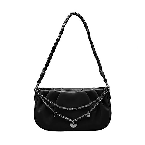 ohodhmnu Damen Tragetasche, Frauen Kette Schultertasche Mode Crossbody Tasche Weiblich PU Leder Tasche Geraffte Unterarmtasche Einfache Tasche, Schwarz , with pendant