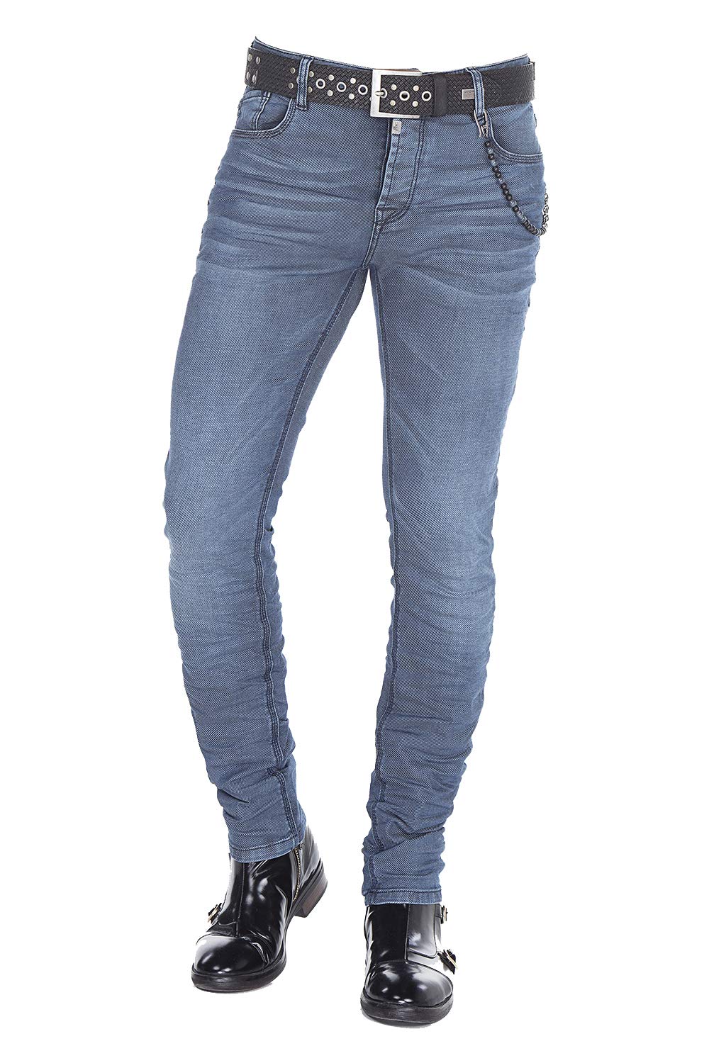 Cipo & Baxx Herren Jeans Hose Denim Used Skinny Fit Basic Pants Regular Jeanshose Schlüsselkette W34 L34 Indigo