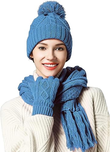 OROOTL Mütze, Schal & Handschuh Sets für Damen Winter, Touchscreen-Handschuhe Bommelmütze Handschuh Gestrickt Beanie Schnee Hut Warme Winterset 3 IN 1 für Mädchen, Frauen