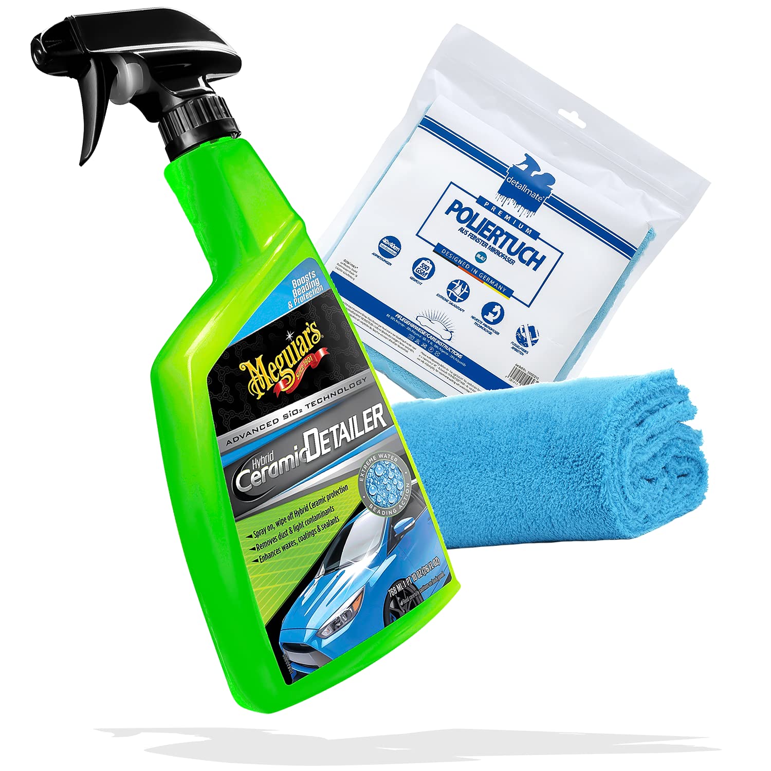 detailmate Ceramic Detailer Set Profi Poliertuch 550 GSM 40x40cm + Meguiars Hybrid Ceramic Detailer 768ml - Lackschutzpflege - frischt Versiegelungen auf - für verbesserten Lotuseffekt