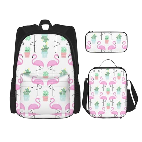 WURTON Schulrucksack-Set mit tropischem Flamingo, niedlicher Kaktus-Druck, 3-in-1-Büchertaschen-Set mit Lunchbox, Federmäppchen, Reise-Laptop-Tagesrucksäcke