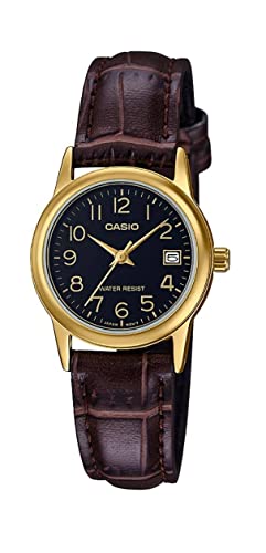 Casio #LTP-V002GL-1B Women's Gold Tone Leather Band Easy Reader Dial Date Watch