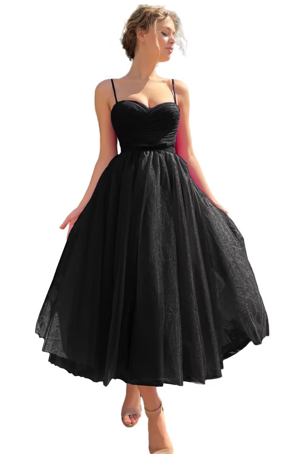 Spaghetti-Träger, Tüll, Abschlussballkleid, Teelänge, formelle Party-Abendkleid, Schwarz , 42