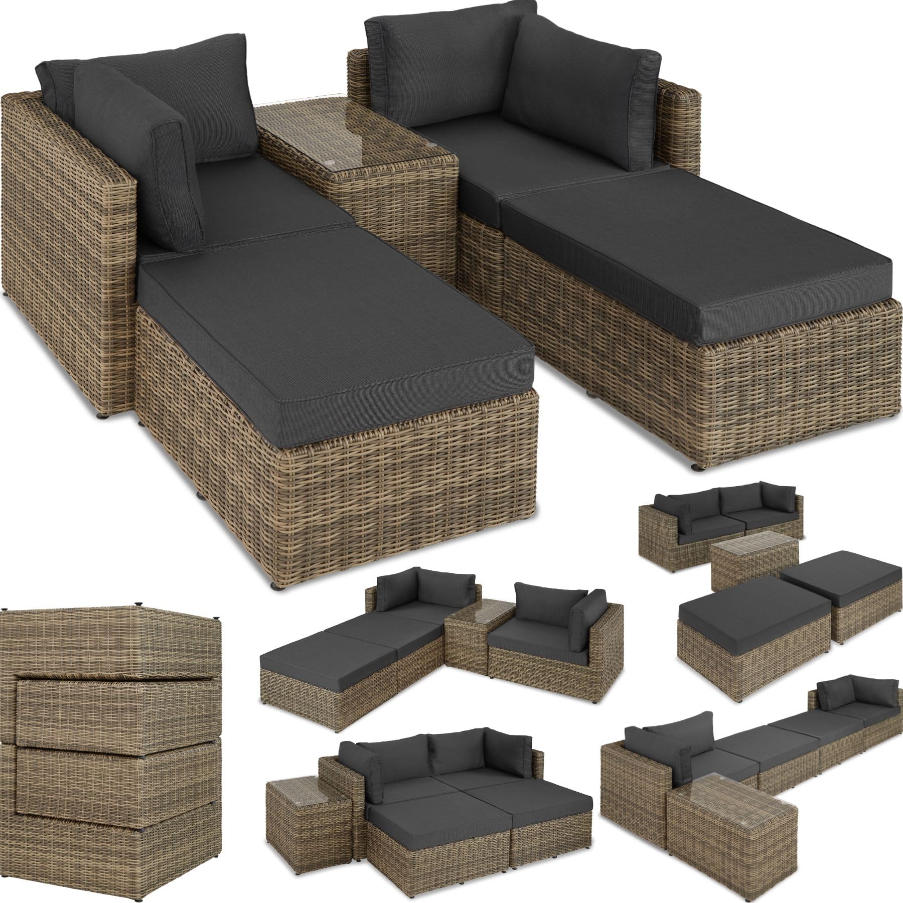 tectake® Luxus Rattan Lounge Set Outdoor, modulares Sofa mit Couch Tisch und Hocker, Balkon Möbel, Garten, Terrasse, Gartenmöbel Set wetterfest, Balkon Lounge, Gartenlounge - Natur