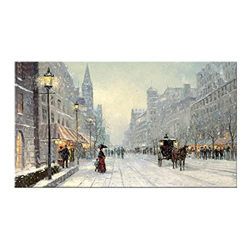 OCEANGOD Moderne Wandbilder für Wohnzimmer Abstrakte Stadt Winter Schnee Landschaft Gemälde auf Leinwand Poster und Drucke 60x120cm Rahmenlos