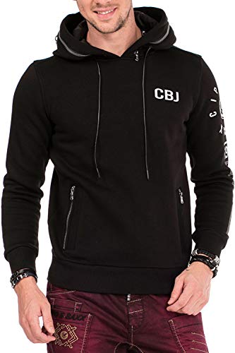 Cipo & Baxx Herren Sweatshirt doppelter Kapuze Hoodie Sweatpullover Kapuzenpullover Kängurutasche mit Zipper Pullover Labelprint Leder-Optik Schwarz XL