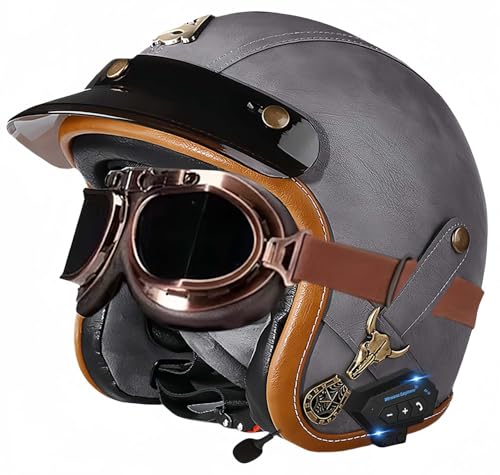 Bluetooth-Helme, Vintage-Motorrad-Halbhelm, ECE-geprüfter offener Mopedhelm mit doppelter Größenverstellung für Cruiser-Bikes, Erwachsene, Männer und Frauen E,XL61-62CM