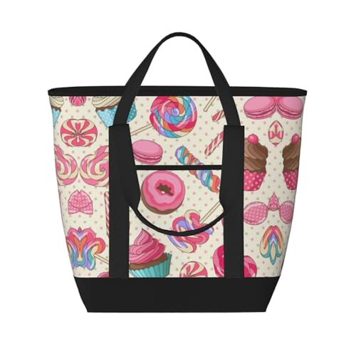 YQxwJL Bunte süße Lutscher-Cupcake-Donut-Aufdruck, große Kapazität, isolierte Lunchtasche, wiederverwendbare Einkaufstasche mit Reißverschluss, für Damen und Herren