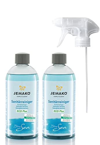 Jemako Sanitärreiniger Blue Sea 1000 ml inkl. Schaumpumpe Hygiene und Sauberkeit im ganzen Bad Kalkentferner Badreiniger frischer Duft (Sanitärreiniger 2x 500ml + SP)