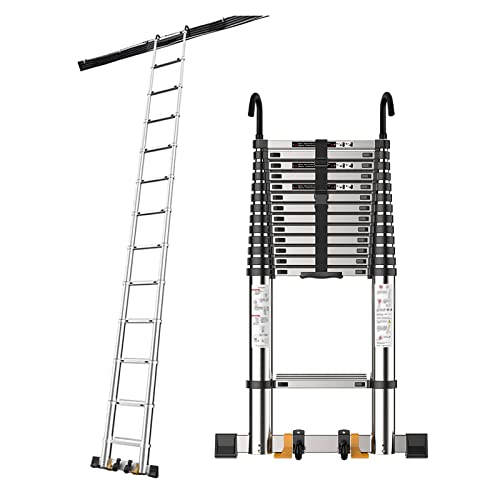 Teleskopleiter 5 m/4 m/3 m/2 m Ausziehleiter mit Haken und Stabilisatorstange, tragbare Teleskopleiter aus Aluminium für Dachboden/Dach/Außenbereich/Industrie, Tragkraft 150 kg (Silber 5,5 m/18