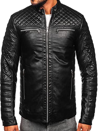 BOLF Herren Lederjacke Kunstlederjacke Bikerjacke Übergangsjacke Steppjacke Kapuze Motorradjacke Pilotenjacke Fliegerjacke Bomberjacke Stehkragen Casual Style 11Z8002 Schwarz XXL [4D4]