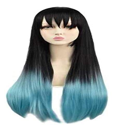 LINLINCD-Anime Coser Wig Anime Demon Slayer Tokitou Muichirou für Perücke Cosplay Comic Karneval Perücke für Erwachsene (blaue Perücke) Clip Tiger (Doppelter Tiger Clip) Voland(Farbe: