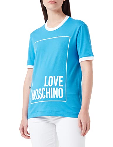 Love Moschino Womens Cotton Jersey with Logo Box Print T-Shirt, Blue White, 40