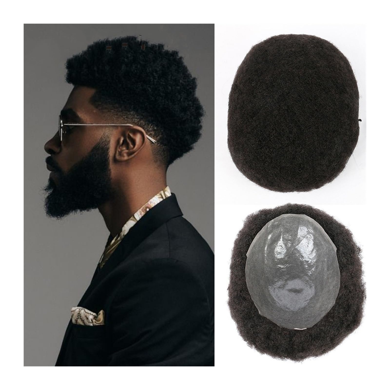 Herren-Haarteile, Afro-Toupet for Männer, volle dünne Haut, PU-Basis, Haarteile, Echthaar-Perücken, 20,3 x 25,4 cm, männliche Haarprothese, 6 mm, verworrenes lockiges Haarsystem, Ersatz, für tägliche