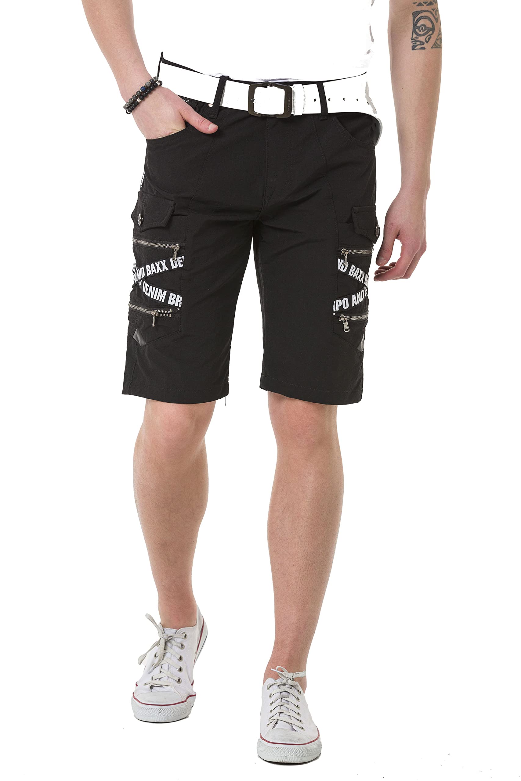 Cipo & Baxx Herren Cargo Shorts Denim Jeans Bermuda Kurzehose Capri Markenschriftzüge CK253 Schwarz W34