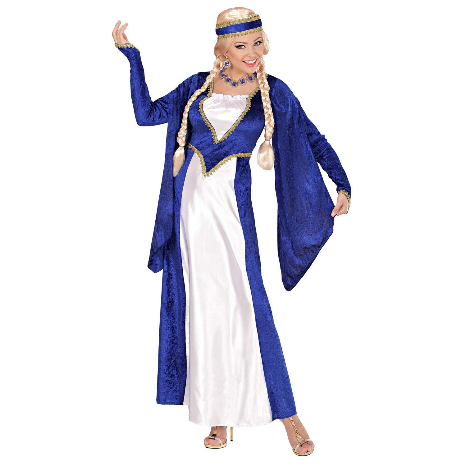 Widmann - Kostüm Königin der Renaissance, Kleid und Kopfbedeckung, blau-weiß, Samtoptik, Prinzessin, feine Dame, Verkleidung, Karneval, Mottoparty